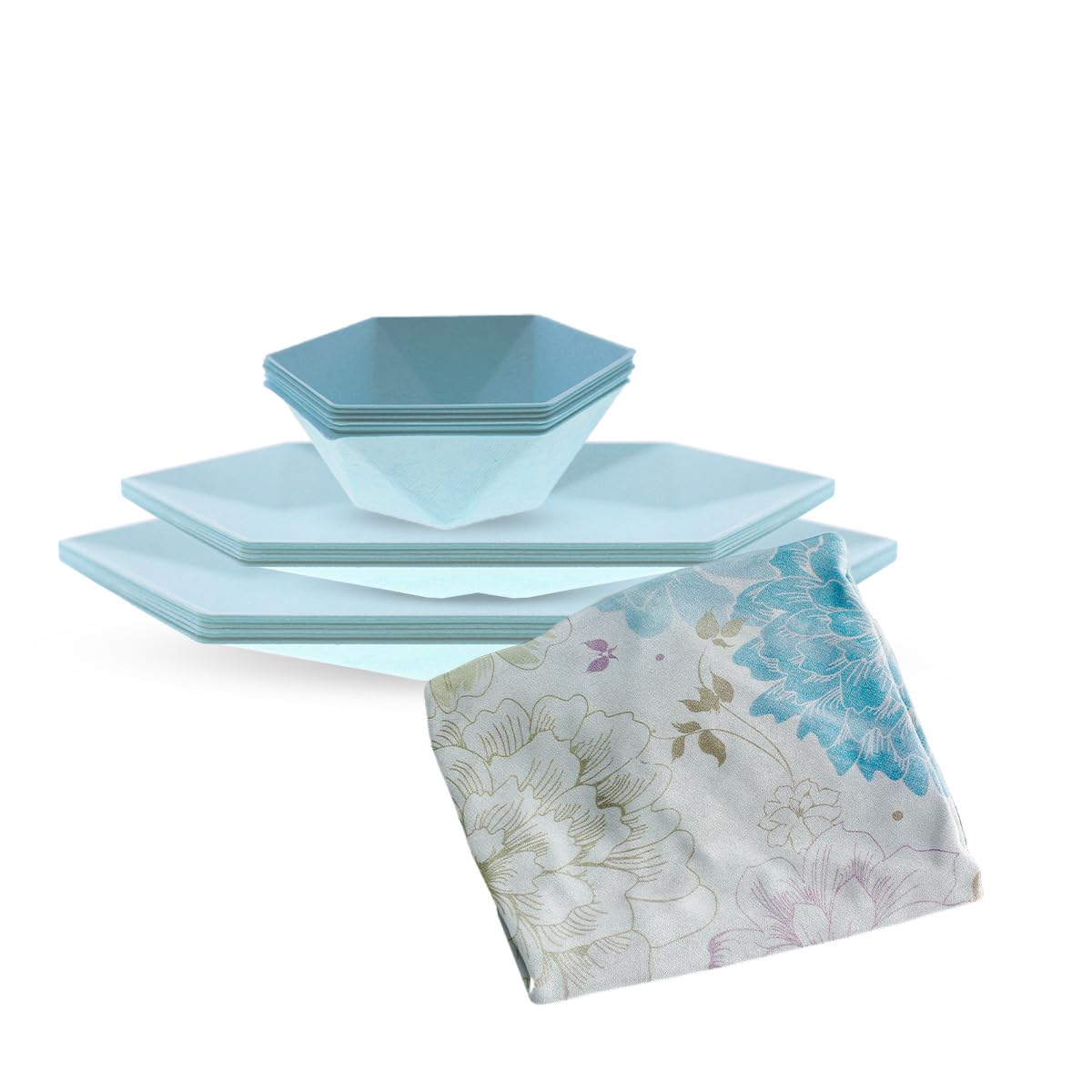 Platos Desechables - Kit de fiestas - 24 platos hexagonales de 26 cm, 24 hexagonales de de 21 cm, 6 bowls y un mantel - Fabricado con Caña de Azúcar - Color: Azul - Aktual