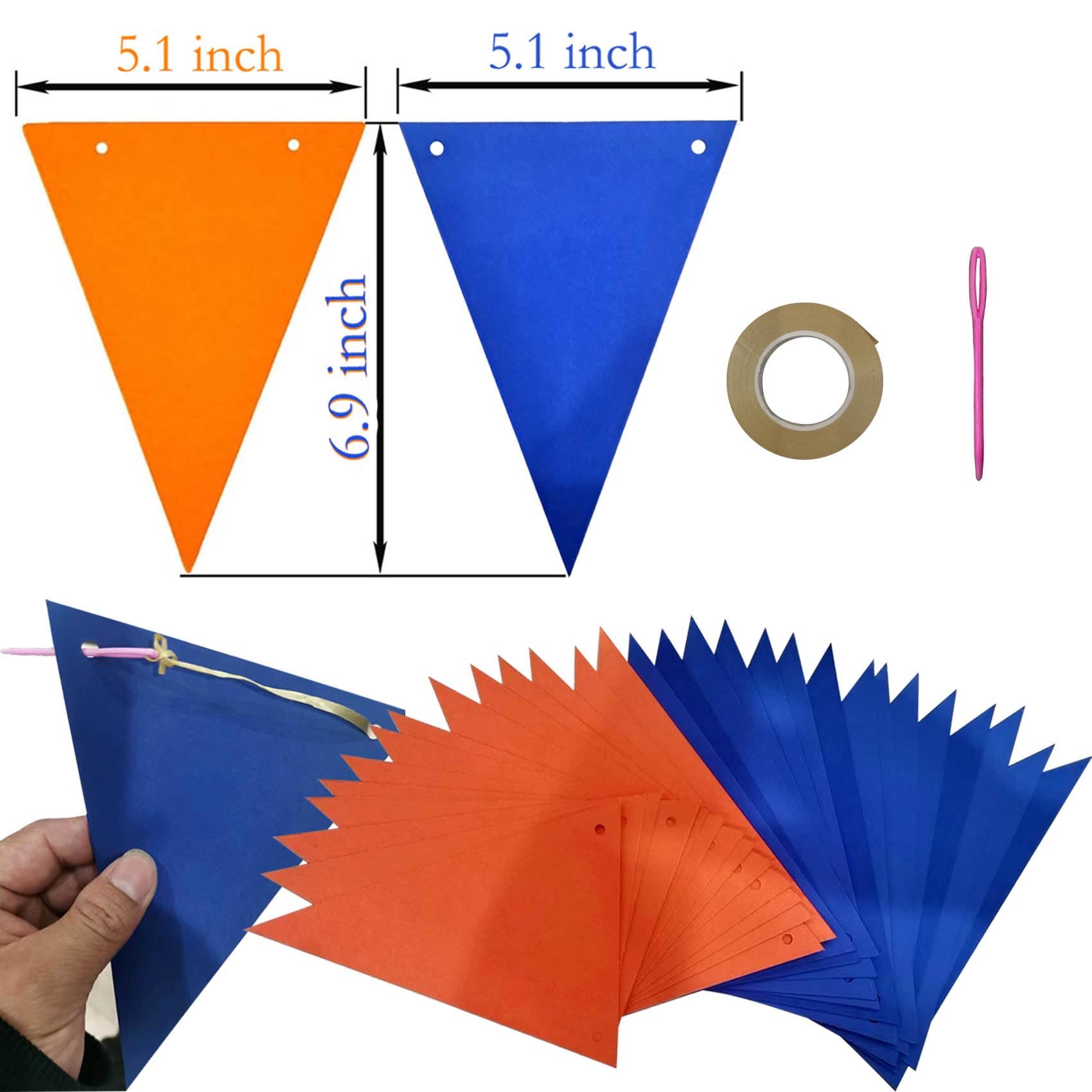 Banderín azul marino y naranja, paquete de 3 banderas triangulares de papel, decoración colgante perfecta para bodas, cumpleaños, baby shower, Halloween, fiesta familiar