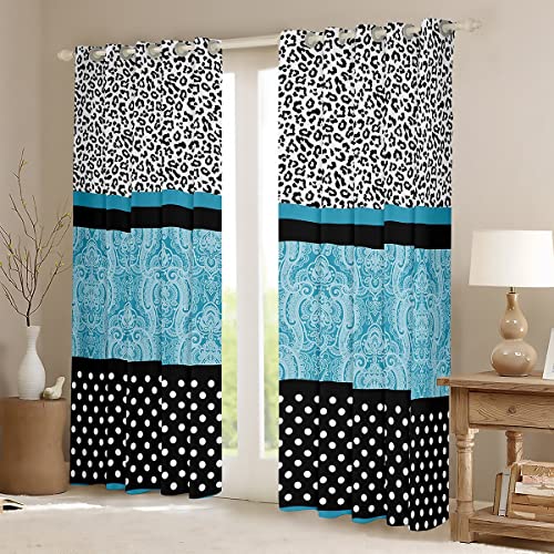Leopard Print Window Curtains 42"Wx63"L Teal Boho Paisley Cheetah Curtains Black White Polk Dots Leopard Window Drapes 2 Panels For Kids Boys Girls Bedroom Decor,Bohemian Floral Window Treatments #TOP2