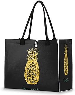 Bolsa feminina - Abacaxi amarelo reutilizável sacolas de compras de supermercado com alças fundo preto grande bolsa de praia bolsas de ombro bolsas de trabalho bolsas de mão resistentes para praia, compras, trabalho, viagens, Multicolor