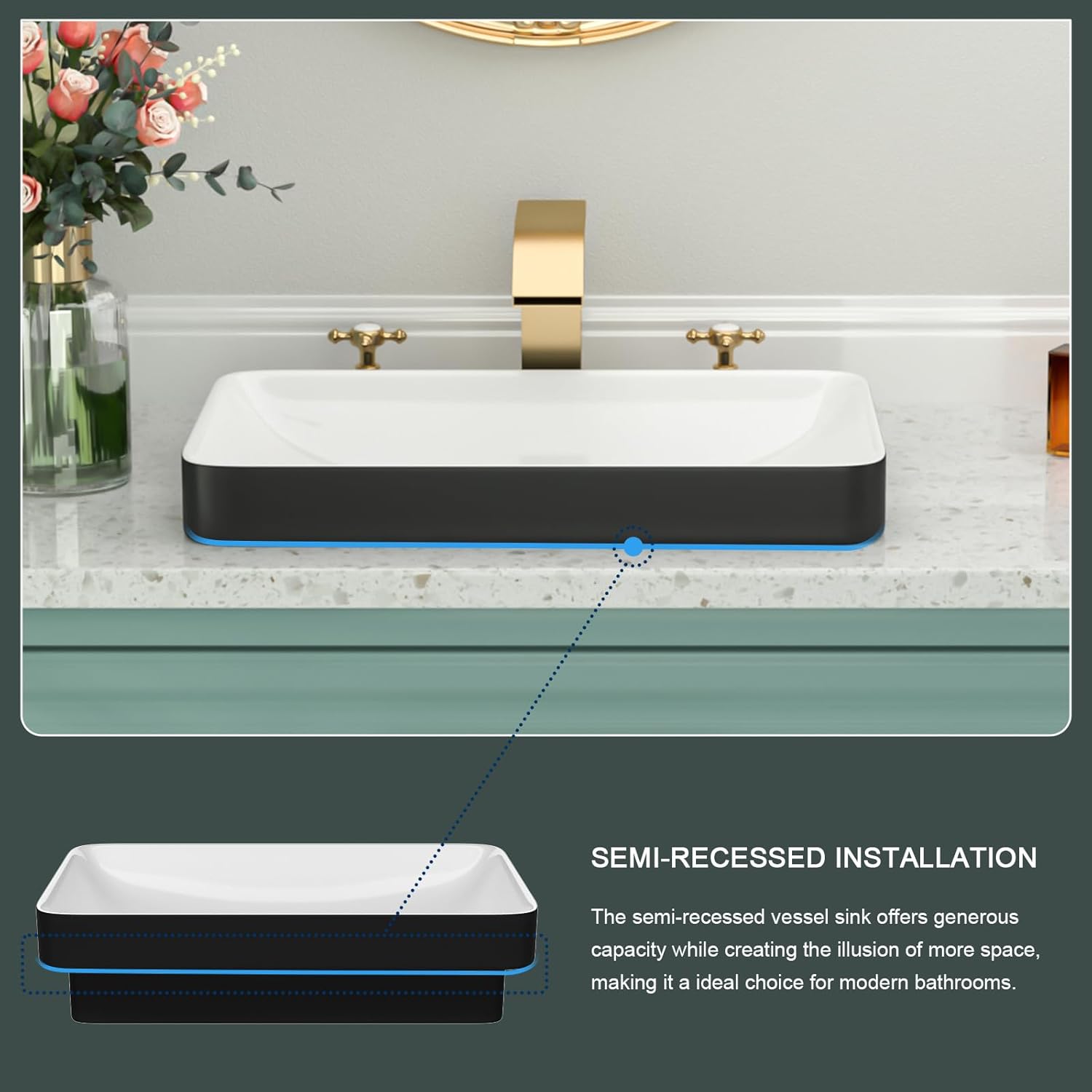 Vessel Bathroom Sink-Beslend Semi Recessed Black&White 19x12 Above Counter Rectangular Ceramic Wash Sinks Top Counter Porcelain Modern Art Basin