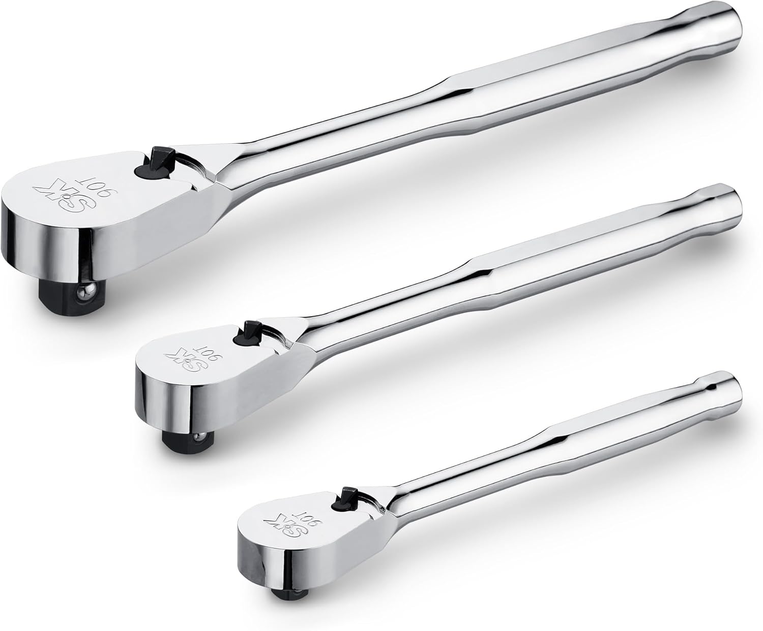 SK 3-Piece Ratchet Set, 1/4", 3/8", 1/2" Drive Ratchet, Pear Head, 90-Tooth, CR-MO Steel, with Contoured Handle