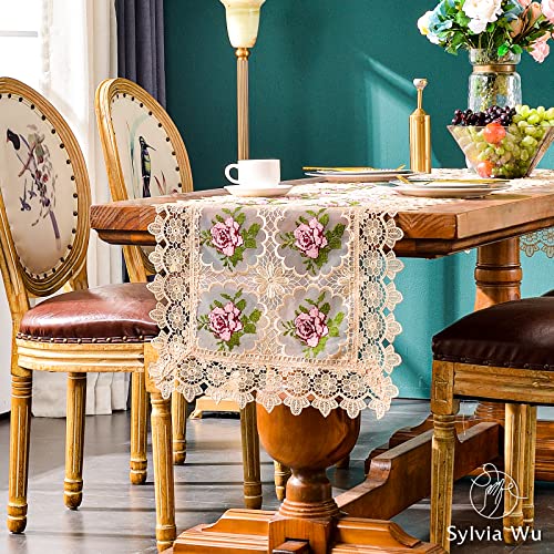 Sylvia Wu Gold Lace Table Runner 72Inches Long Doilies For Tables, Vintage Boho Embroidered Pink Flower Table Runner For Wedding Party Decorations,Summer Table Runner For Dresser Top (16X 72In) #TOP4