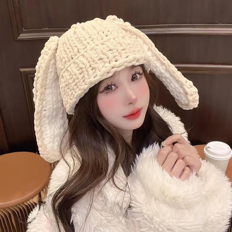 Cute Bunny Ears Beanie Hats Knit Winter Hat Chunky Skull Cap Y2k Beanies Hats Crochet Rabbit Ears Winter Cap Slouchy Beanie - Image 2