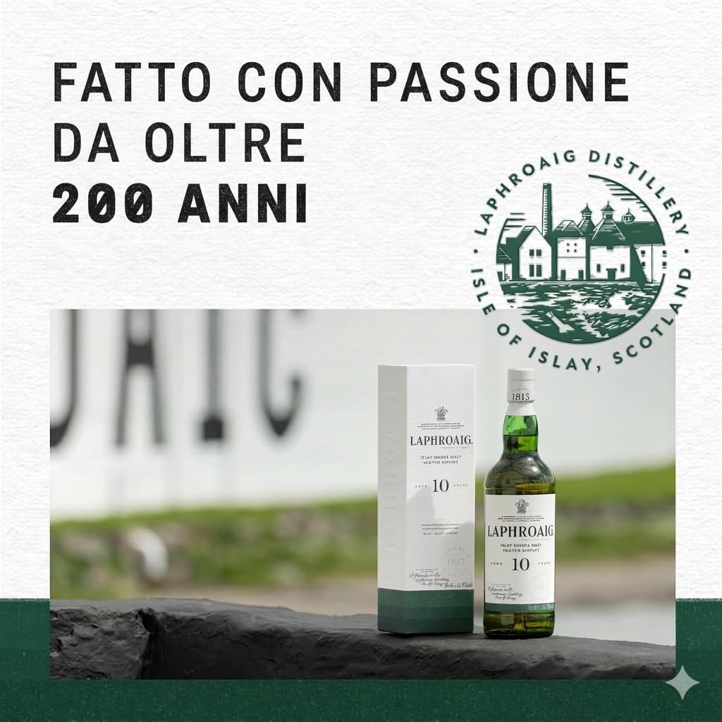 Laphroaig, Islay Single Malt Scotch Whisky 10 years, 100% orzo maltato - 1 bottiglia da 700ml
