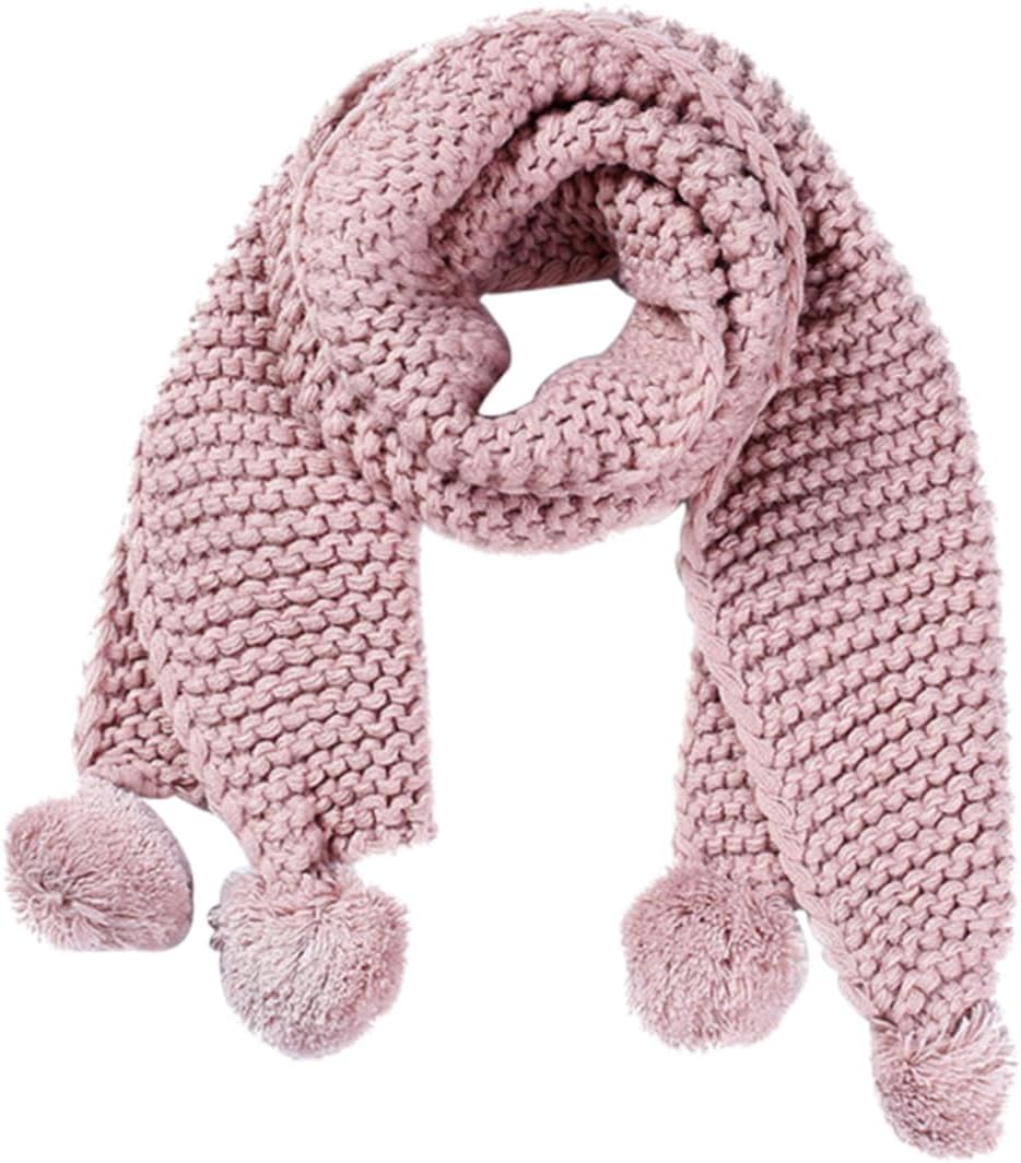 Cute Cable Knit Scarf Boys and Girls Woolen Warm Scarf Fuzzy Ball Chenille for Winter Outdoor (size)