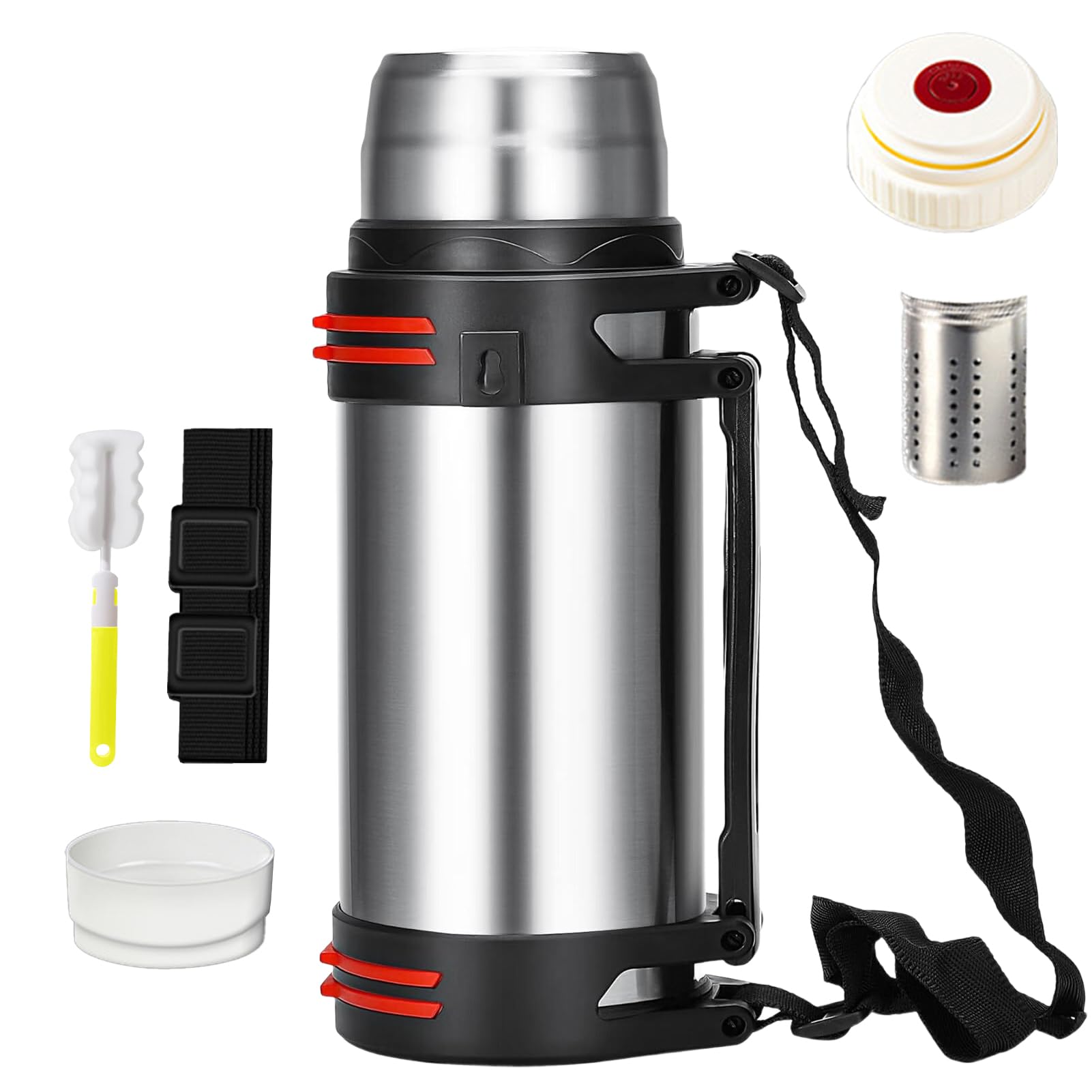 VAODO Large Thermos Flask with Handle, 2.5L Stainless Steel Insulated Thermos Flask with Cup Brush, Strap and Small Bowl, Hot & Cold Beverage Portable Insulated Kettle, for Home,Outdoor Sport, Silver
