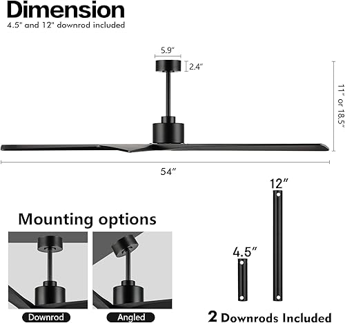 Miniatura 4 de WINGBO Ventilador de techo CC de 54 pulgadas sin luces, 5 cuchillas reversibles de madera maciza tallada, motor de CC silencioso de 6 velocidades,