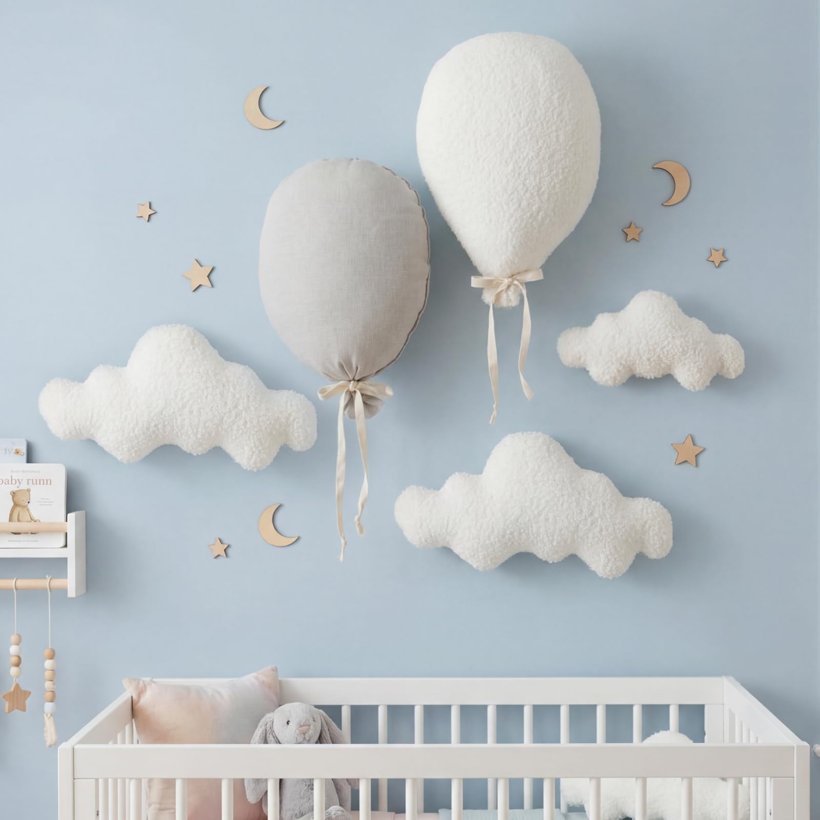 Kathfly 5 Pcs Cloud Balloon Baby Nursery Decor Set Artificial Fabric Fake Clouds Wall Decor Mini 3D Linen Balloon Felt Wall Hanging Decoration for Nursery Room Bedroom Baby Shower Party Gift