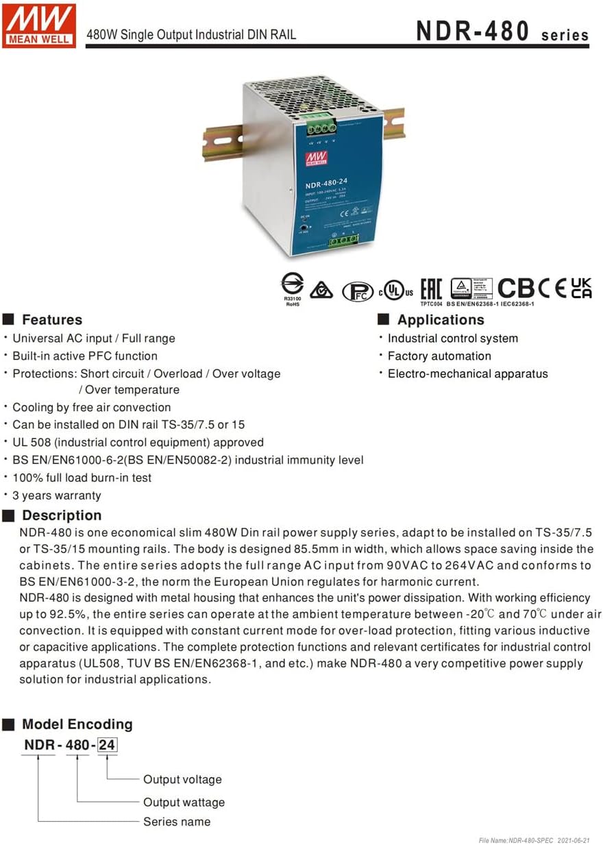 MW Metal Case NDR-480W-24/48V Economical Single Output Industrial DIN Rail AC-DC Power Supply (NDR-480-24)