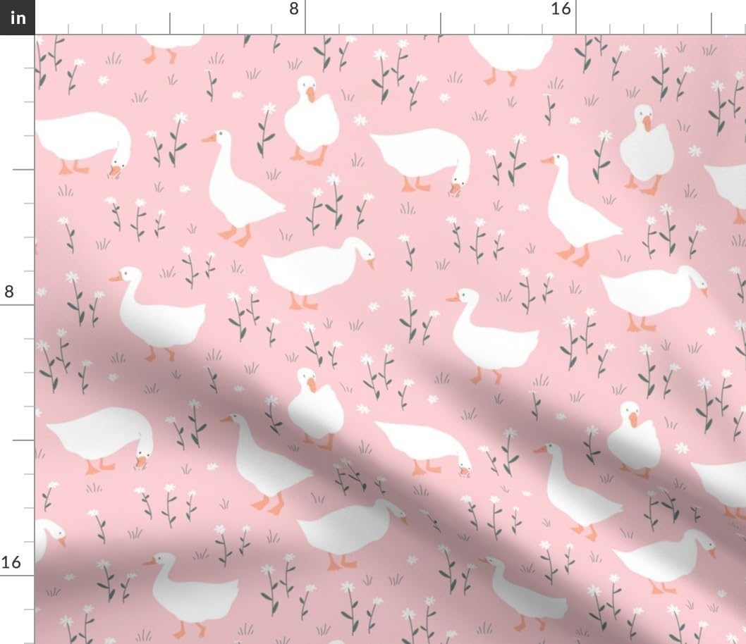 Spoonflower Fabric - Geese On Pink Whimsical Goose Cute Spring Meadow White Orange Printed on Petal Cotton Fabric by The Yard - Sewing Quilting Apparel Crafts Decor
