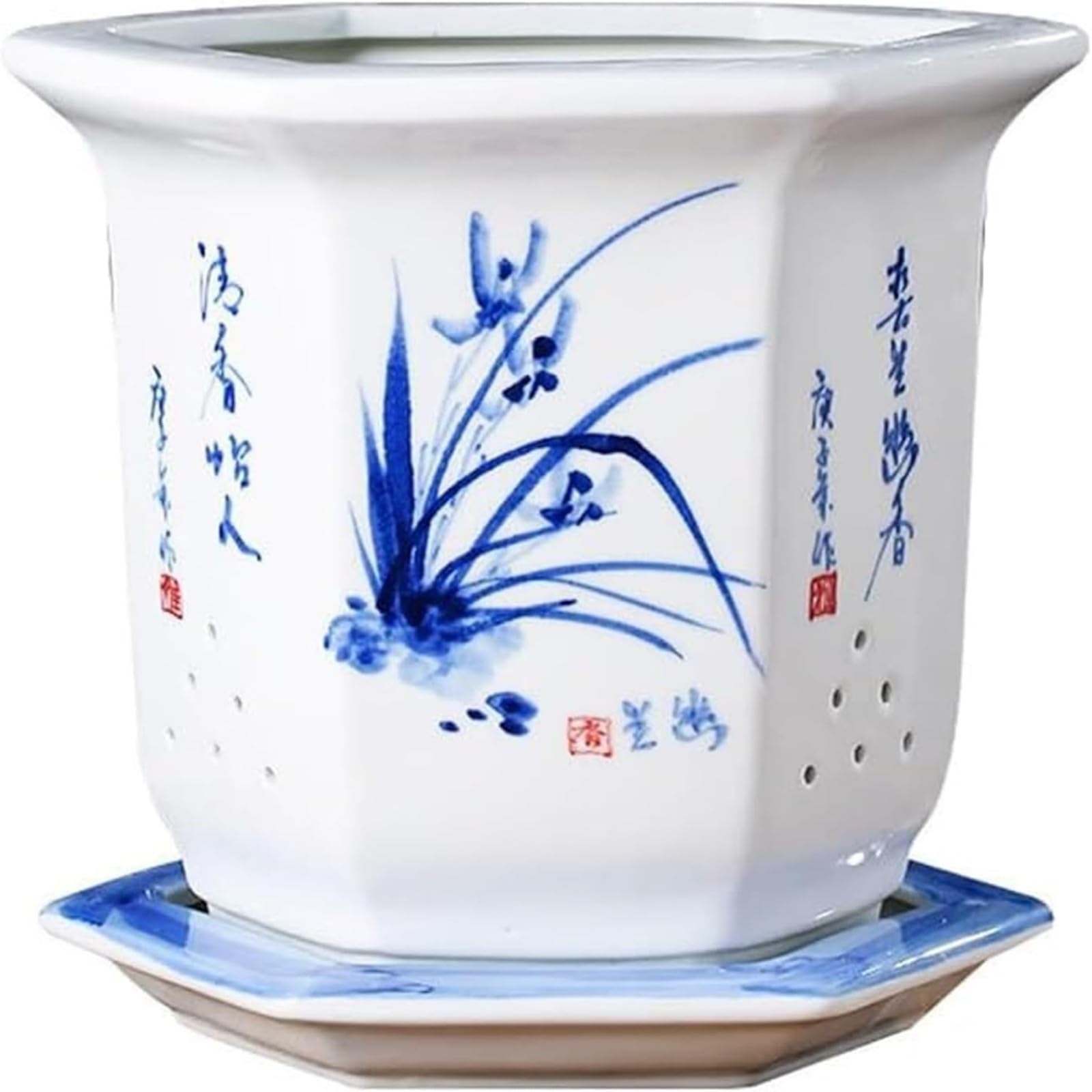 Duy Black Chinese Orchid Ceramic Plant Pot With Drainage Tray, Porcelain Flower Planter For Indoor Orchids, Bonsai, Succulents & Houseplants