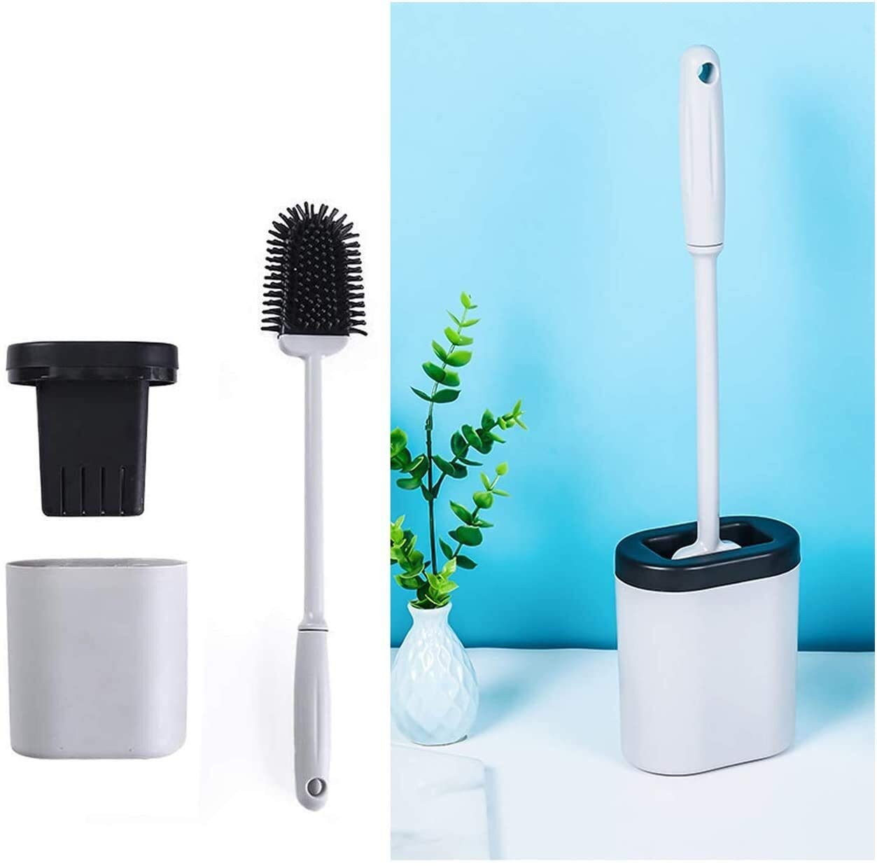 Escobillero de pared Cepillo de baño y conjuntos de soporte Conjunto de cepillo de limpieza de silicona Mango largo Limpieza de inodoro Cepillo de limpieza de silicona de pie Conjunto de cepillo de li