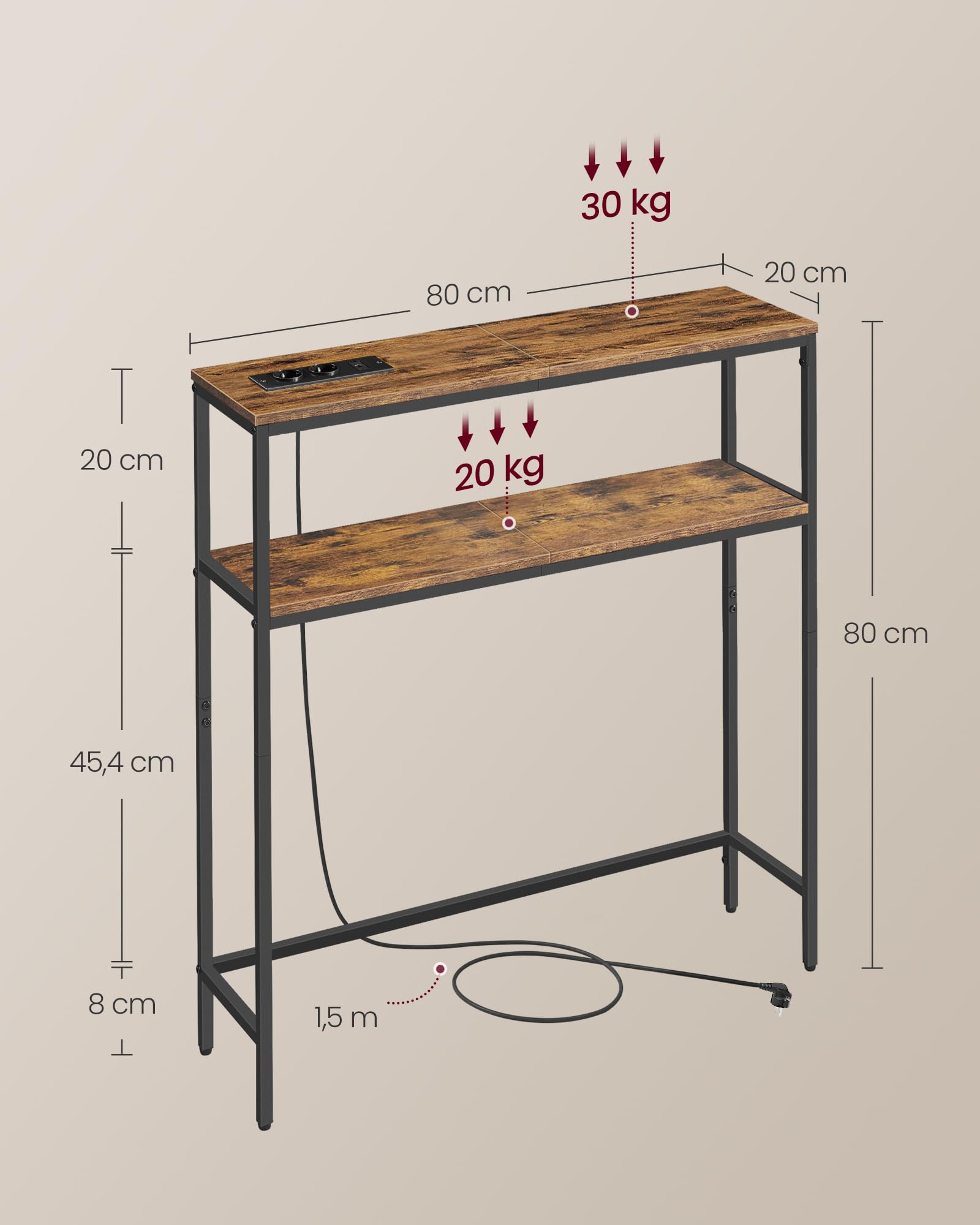 VASAGLE Table Console avec Prise, Bout de Canapé Étroit avec 2 Étagères, 20 x 80 x 80 cm, pour Salon, Couloir, Entrée, Marron Rustique et Noir d'encre LNT135KD01