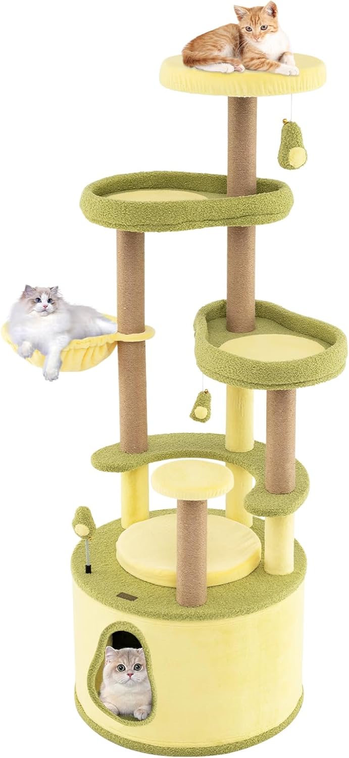 PETSITE 62.5 Inch Avocado-Themed Cat Tree, Multi-Level Modern Cat Tower with Jute Scratching Posts, Cat Condo, Dangling and Spring Toy, and Removable Cushions, Cute Cat Tree Tower for Indoor Cats