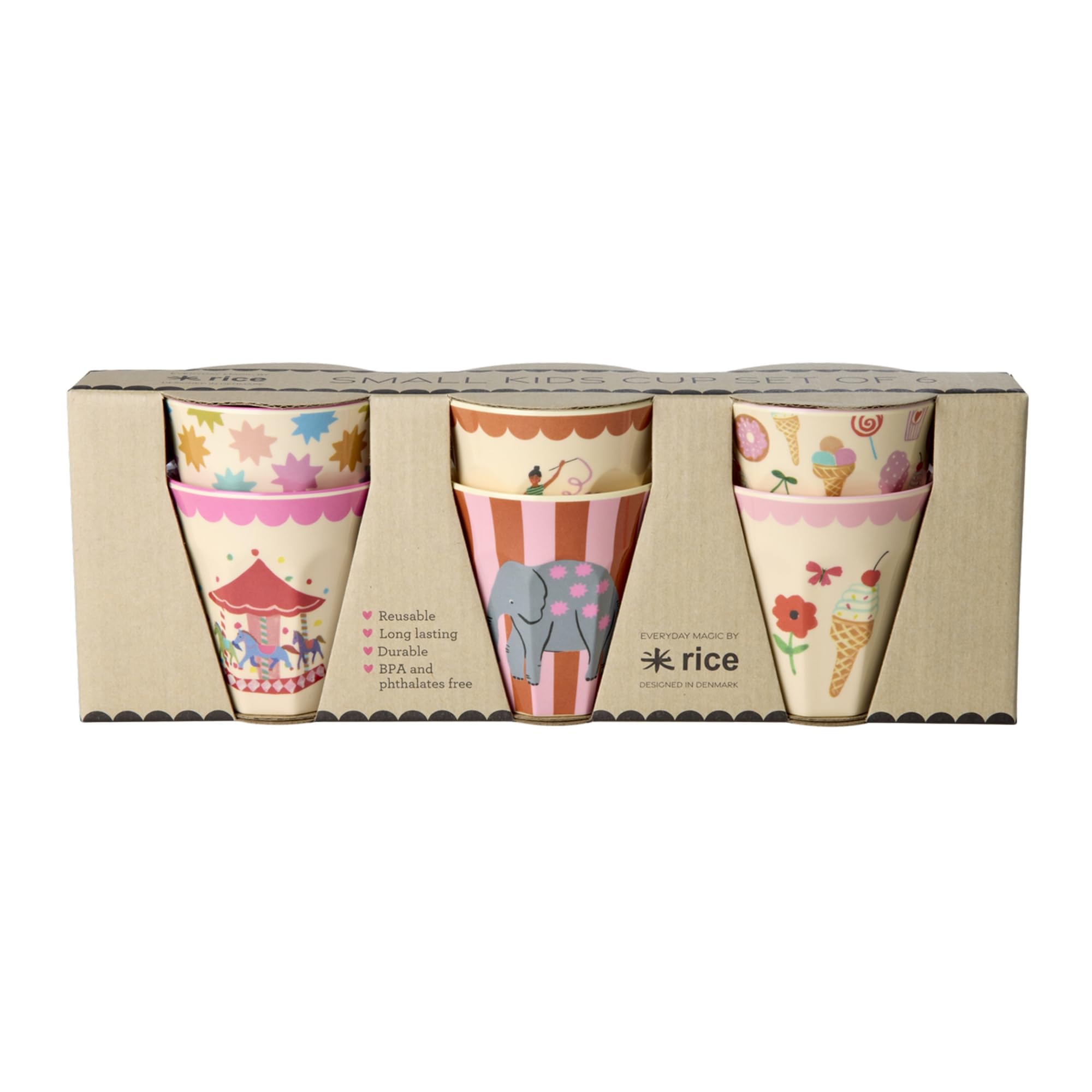 Rice kleine Melamin Becher Kinderbecher - Pink - Fun Fair Print - 6er Pack Becherset BPA-frei