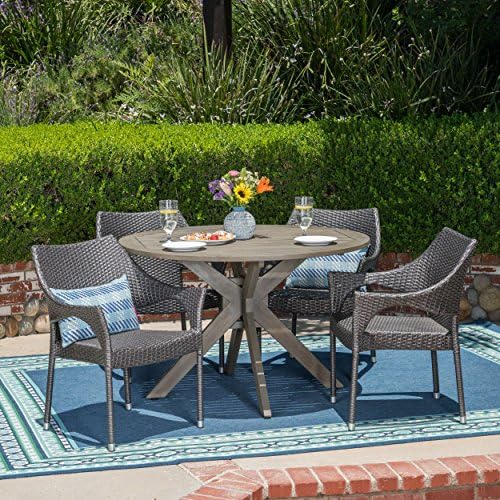 Christopher Knight Home Lina Outdoor 5 Piece Wood and Wicker Dining Set, Gray Finish/Gray
