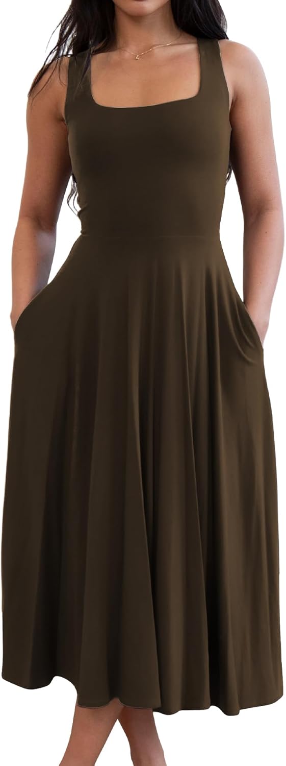 FairBeauty Women's Square Neck Casual Sleeveless Long Dress Stretchy Summer Sundress with Pockets