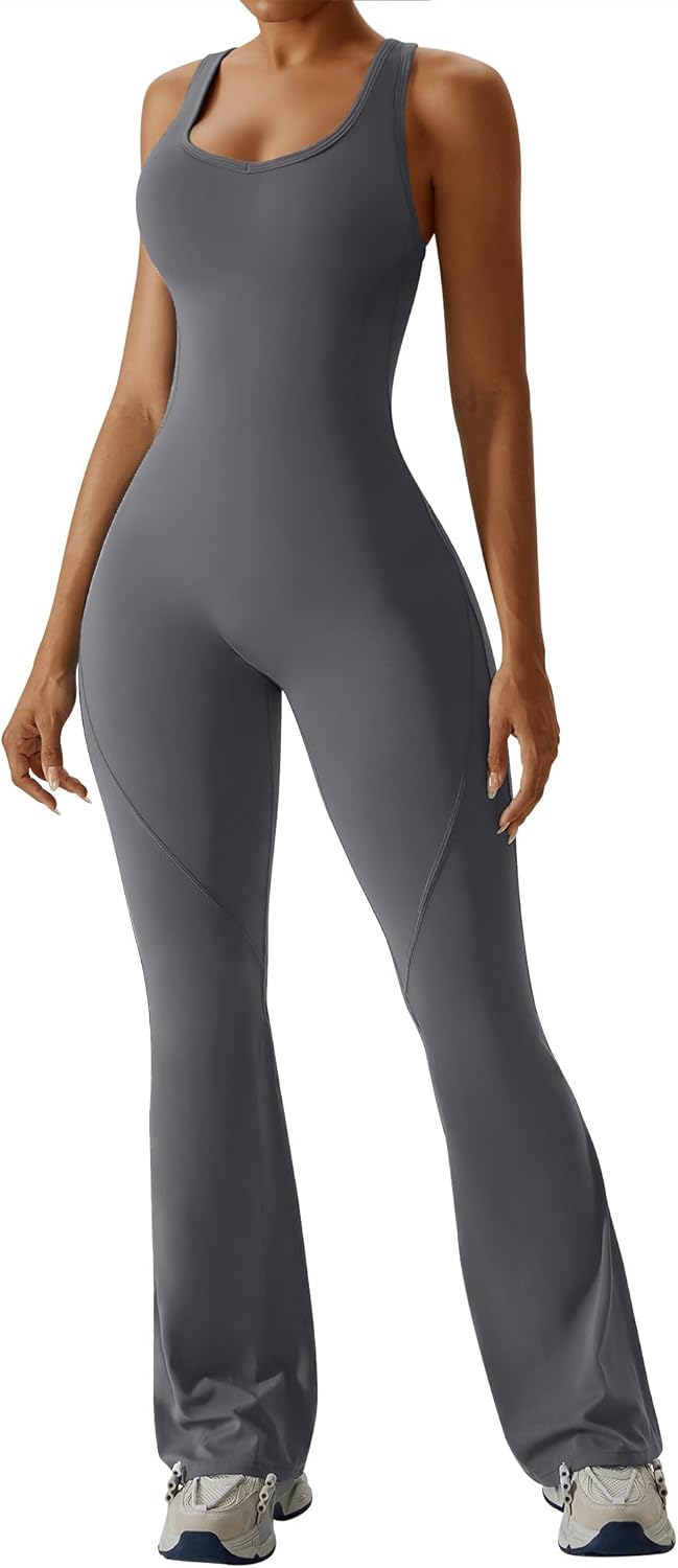OEAK Womens Flare Jumpsuit with Bra Tummy Control Cutout Romper Workout Outfit Sleeveless Unitard One Piece Backless Bodysuit - Image 4