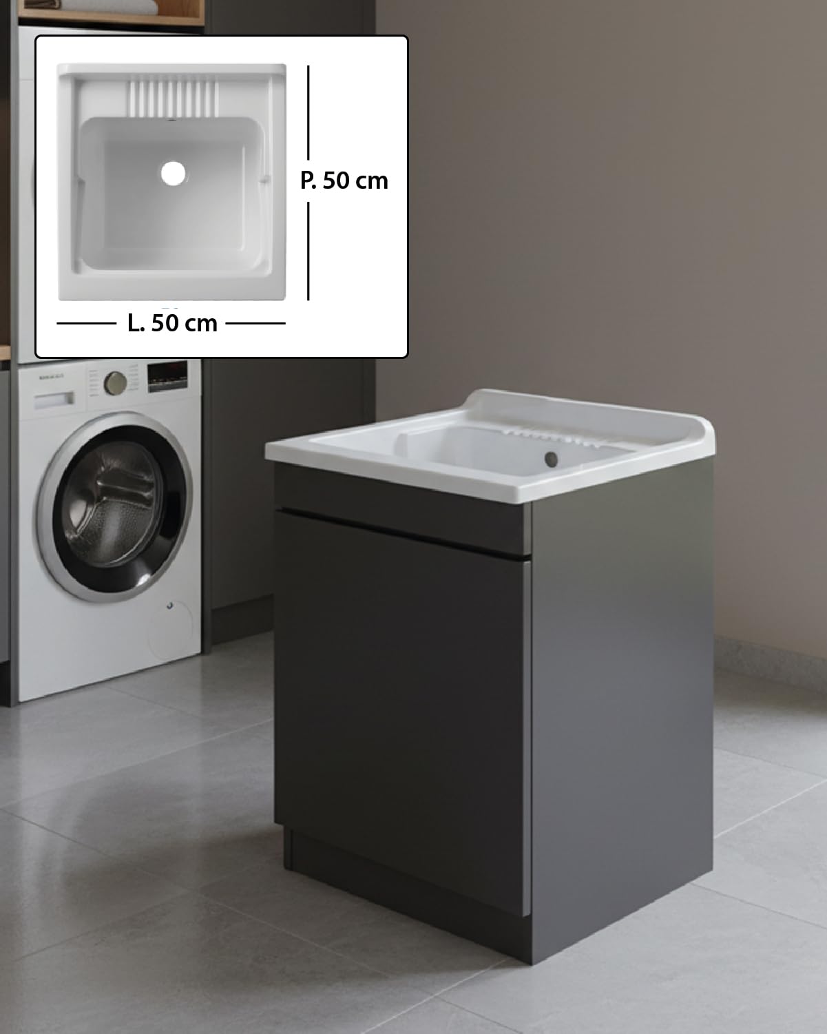 Delmar Mobile Lavatoio Legno Nobilitato Grigio, 45x50 45x60 50x50 60x45 60x50 60x60 75x60 80x50, H85 cm, Con Lavabo Pilozzo Resina, Made in Italy, Già Montato x Bagno Lavanderia (L. 50 x P. 50 cm)