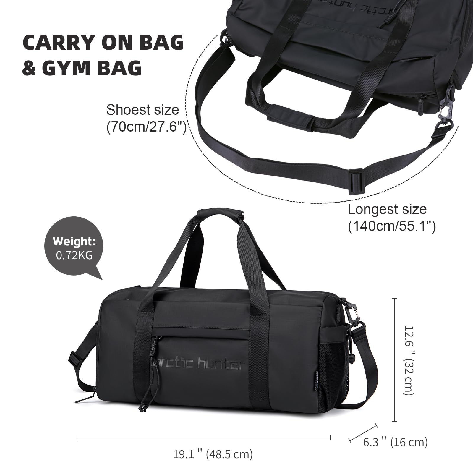 ARCTIC Hunter - Bolsa de deporte pequeña para hombres y mujeres, con compartimento para zapatos, ideal para deportes, viajes y viajes nocturnos, color negro, Negro -, 19.1*6.3*12.6 inch, Deporte