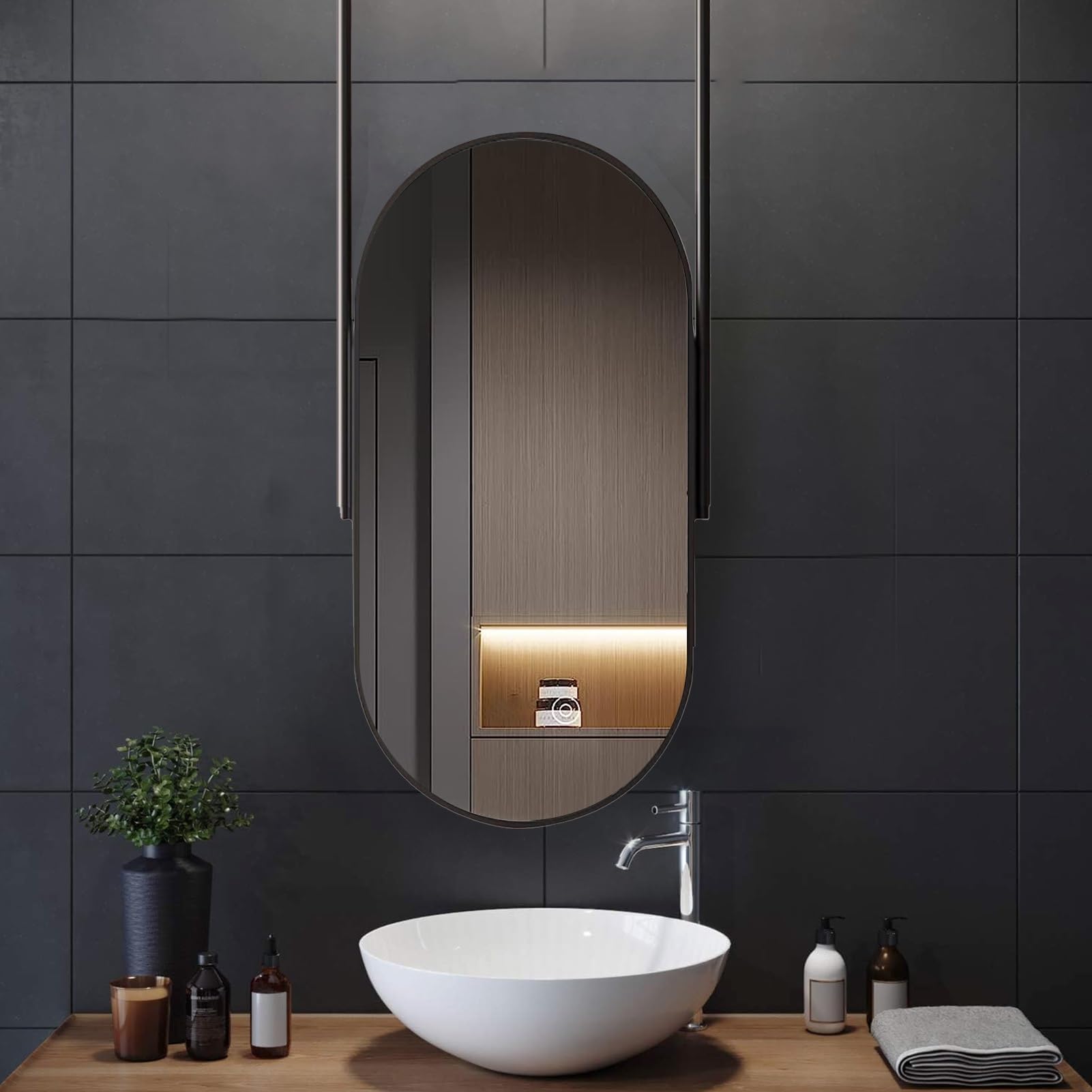 WJFTODAY Ceiling Mounted Bathroom Wall Mirror - Stylish Black Metal Frame Decorative Mirror for Makeup & Shaving - Perfect for Home, Hotel, Bedrooms & Dressers (40cm x 60cm)