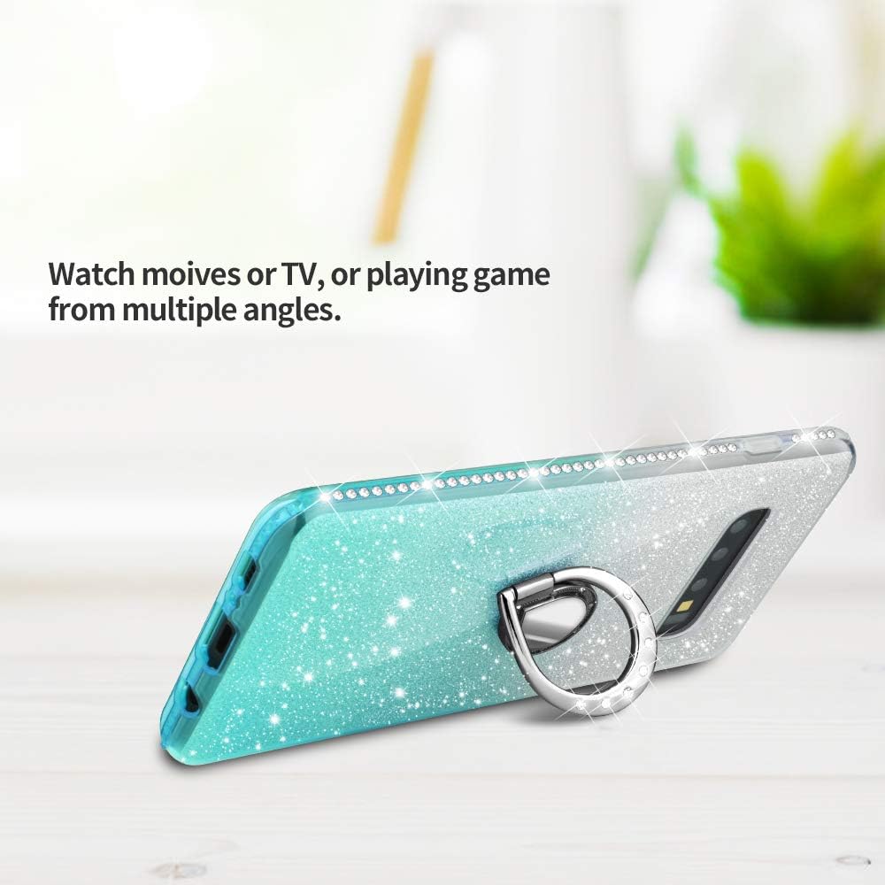 Maxdara Case for Galaxy S10 Plus Glitter Case with Ring Holder Gradient Kickstand Series Bling Sparkle Diamond Rhinestone Bumper Luxury Pretty Fashion Girls Women Case S10 Plus (Silver Teal)