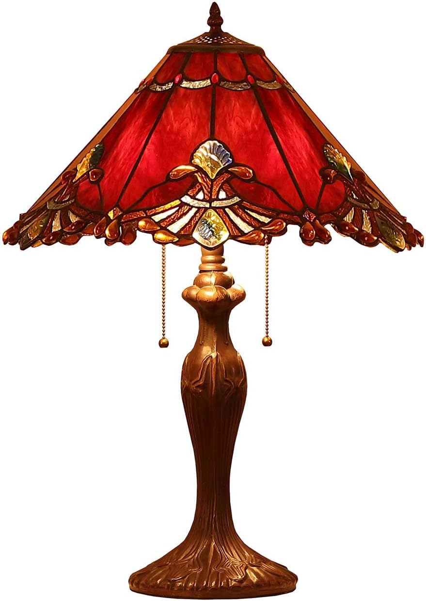 L10024 Baroque Tiffany Style Stained Glass Table Lamp with 17 inches Wide Handmade Lampshade for Bedside Bedroom Living Room, 26-inch Tall (Red)