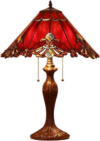 Bieye L30024US Baroque Tiffany Style Stained Glass Table Lamp with 17 inches Wide Handmade Lamp Shade Metal Base for Living Room Bedside Bedroom Coffee Table, 26-inches Tall, Red  [Energy Class E]