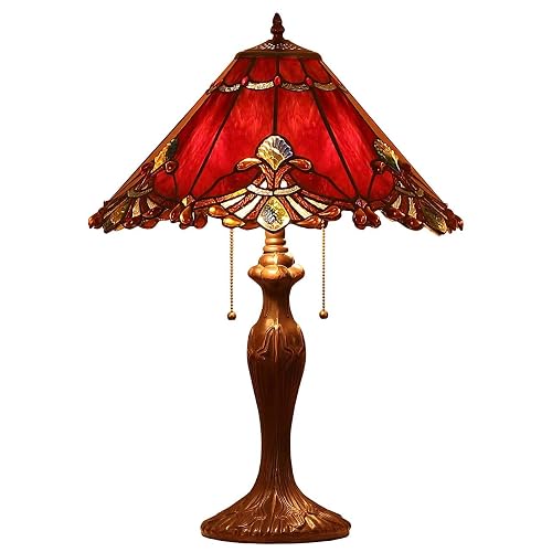 Bieye L10024 Baroque Tiffany Style Stained Glass Table Lamp with 17 inches Wide Handmade Lampshade for Bedside Bedroom Living Room, 26-inch Tall (Red) - Red