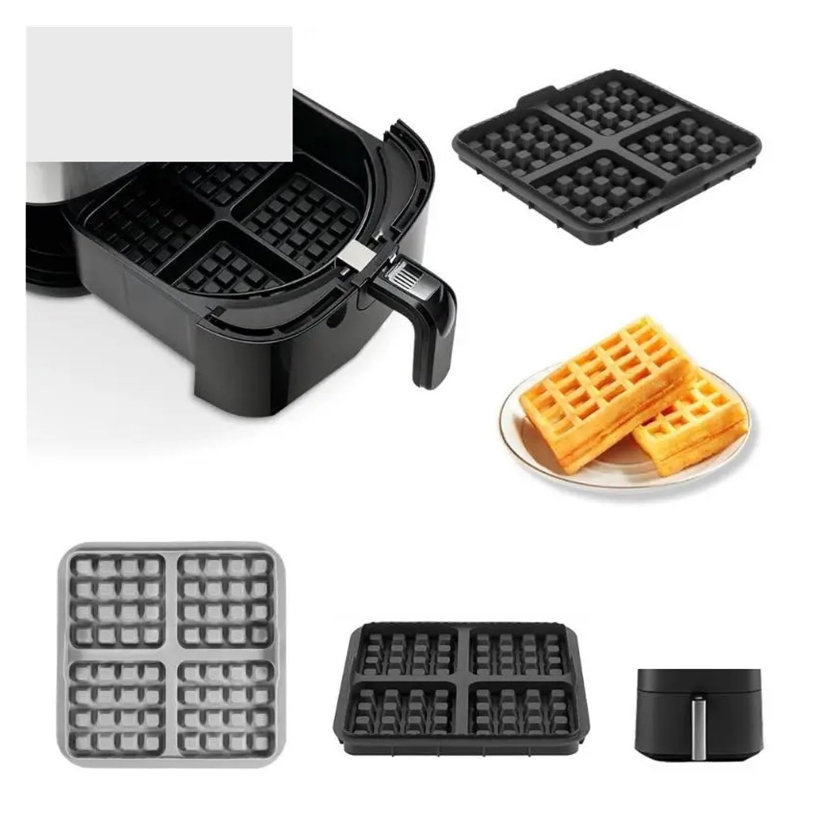 Air Fryer Waffle Mold, Reusable Silicone Baking Mat for Dual Basket Models, Non-Stick & Easy Clean, 1/2Pcs(Black 2pcs)
