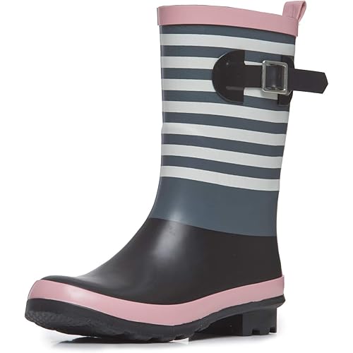 Laura Ashley Women's Rain Footwear, Stripe Mid Calf Waterproof Rubber Garden/Rainboots, Low Heel Slip Resistant Boots for Women