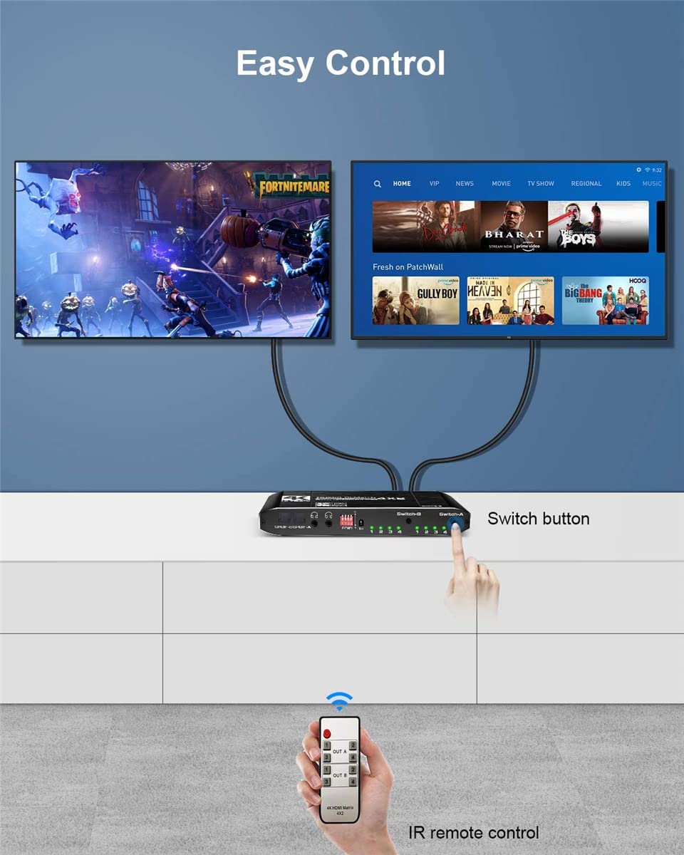 HDMI Matrix 4x2 4K @ 60Hz HDR Switch Splitter 4 en 2 Sorties YUV 4：4：4 Optique SPDIF + Jack 3.5mm Extracteur Audio Commutateur HDMI