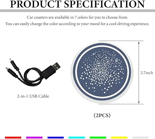 Miniatura 2 de 2 piezas de luces LED para portavasos de automóvil, 7 colores cambiantes, inserto de carga USB para posavasos de coche, lámpara de ambiente, luz
