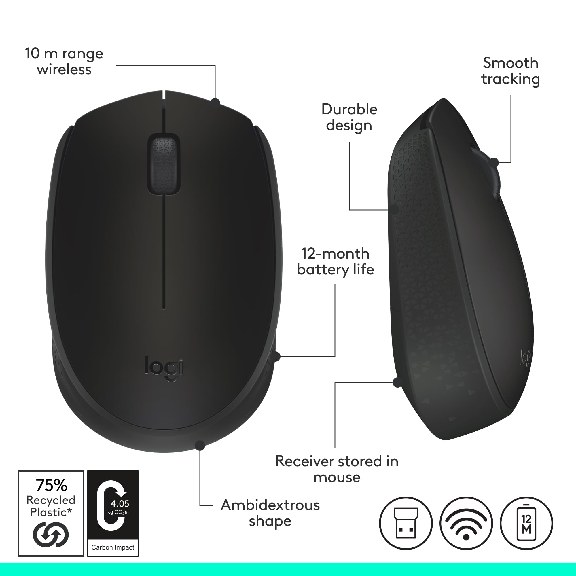Logitech M170 Wireless Mouse for PC, Mac, Laptop, 2.4 GHz with USB Mini Receiver, Optical Tracking, 12-Months Battery Life, Ambidextrous - Black - Image 8