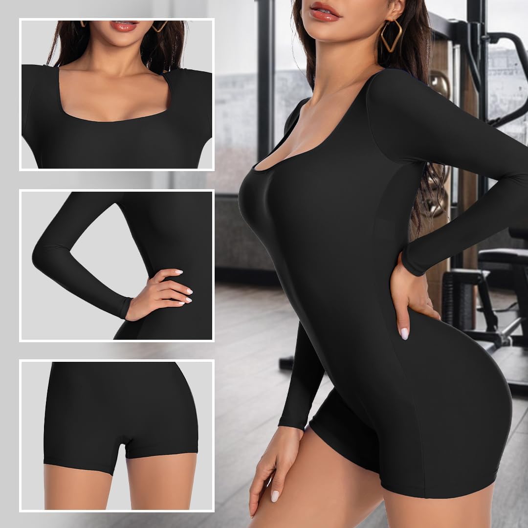 speerise Women's Long Sleeve Bodycon Romper One Piece Short Jumpsuit Yoga Square Neck Unitard Bodysuit - Image 7