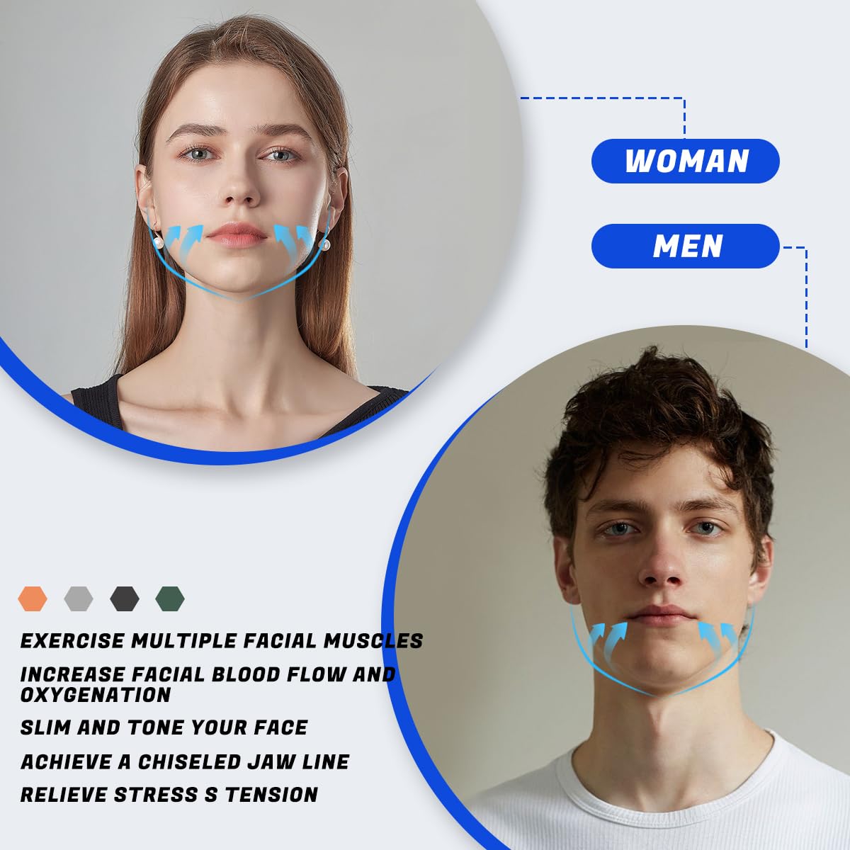 8-teiliger Kiefertrainer, Silikon-Jawline Trainer, Kiefer trainer mit 4 Widerstandsstufen, Doppelkinn-Entferner, Kiefer-Zahnfleisch-Kiefertrainer und Nackentrainer