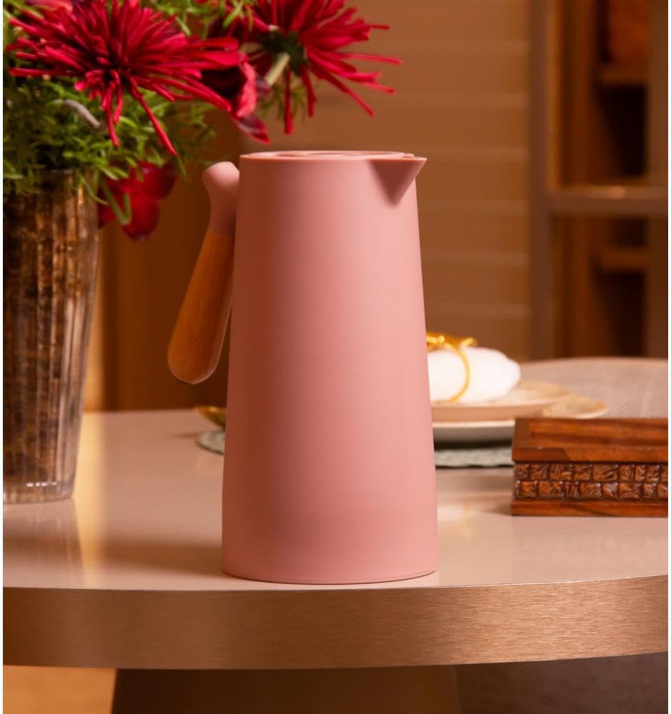 WOLFF - Thermal Coffee Carafe – 34oz/1L Insulated Food-Safe Plastic Exterior and Glass Liner, Wood-Style Handle – Keeps Drinks Hot or Cold for Hours, Coffee and Tea Dispenser - Nude Pink, 34floz/1L