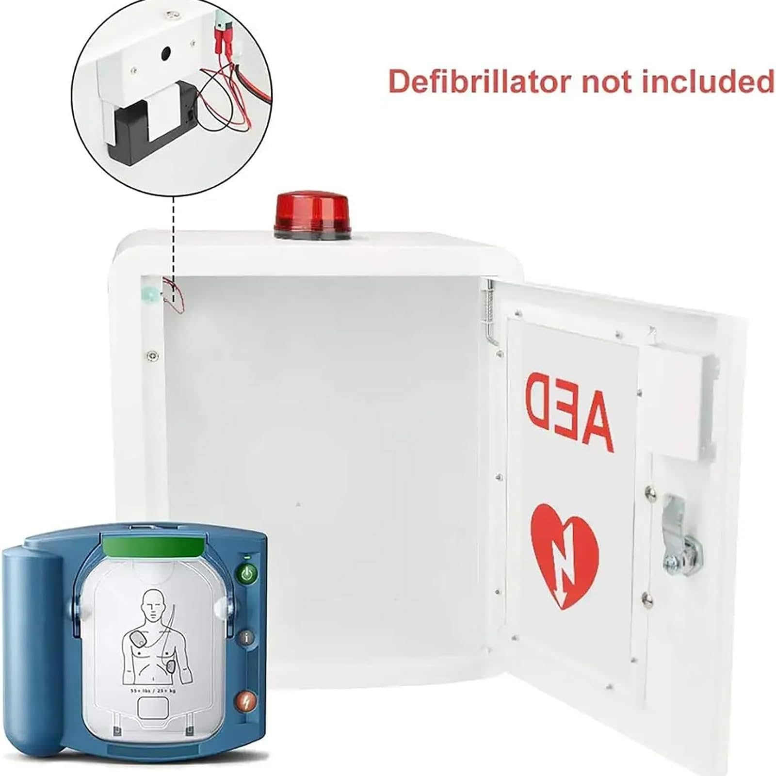 AED-Schrank, AED-Defibrillator-Wandschrank, Metall-Stahlplatten-Aufbewahrungsschrank mit Alarm und Licht, passend für alle Marken von Cardiac Science für öffentliche Plätze, 36 x 20 x 40 cm