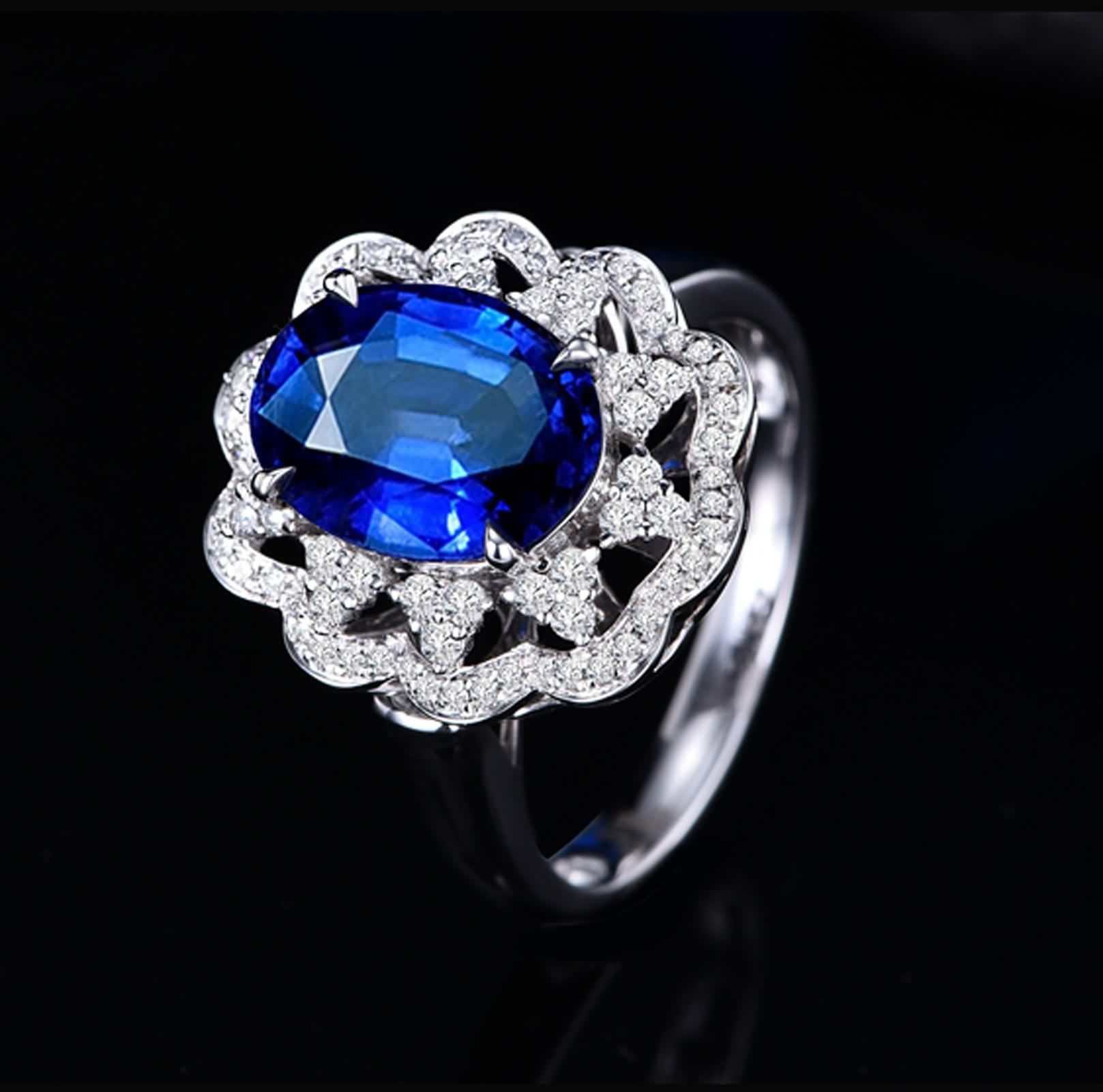 Anillo Oro Blanco, Alianzas Boda Vintage Flor de Lujo 18K Zafiro para Esposa Novia con Joyero