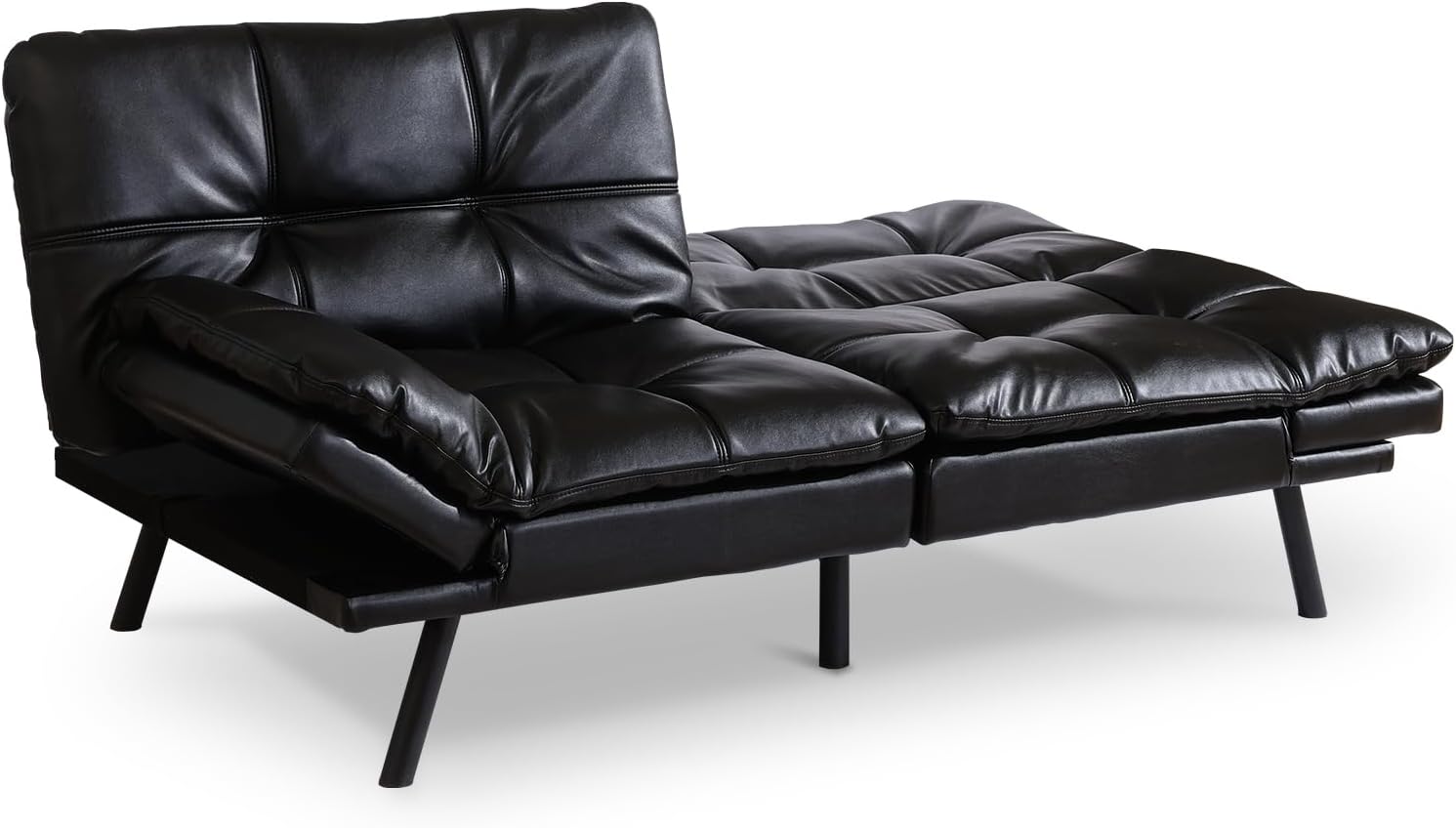Opoiar Futon Sofa Bed, Lounge Memory Foam Sleeper Couch for Compact Living Spaces, Convertible Foldable Loveseat with Armrests,Black/Faux Leather,71" W