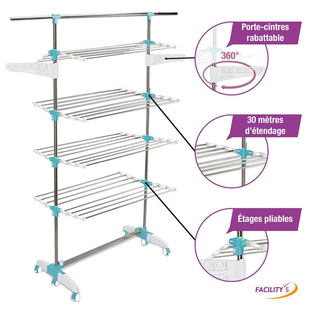 FACILITYS - Étendoir Linge Intérieur - Séchoir à Linge Pliable, 172 x 67 x 168 cm, Étendage 30 m - Pieds Rabattables à 6 roulettes - Étendoir à Linge en Acier Inoxydable - Format Familial
