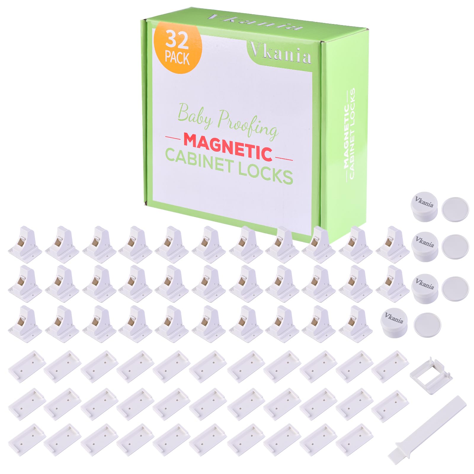 Magnetische Schrankschlösser, Kindersicherung, 32 Stück | Babysichere Kleberiegel für Küchenschränke & Schubladen, ohne Bohren, einfache Installation (32 Schlösser + 4 Schlüssel)
