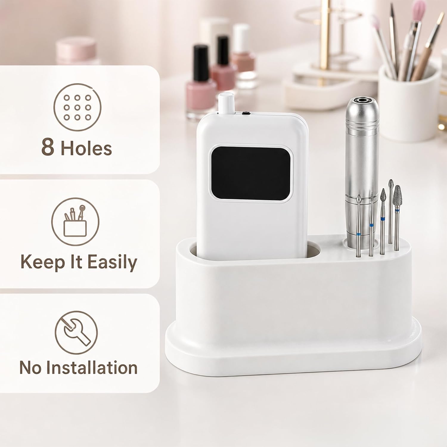 2 Pack Nail Drill Machine Holder, 8 Holes Nail Drill Bit Holder Nail Desk Organizer, Nail Drill Machine for Most Drill Bits, White image 2