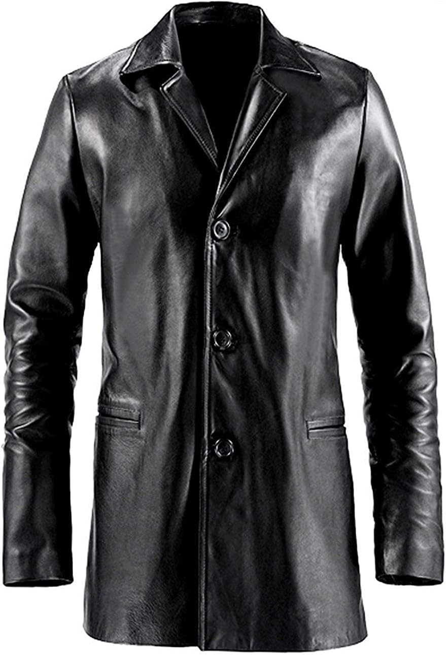 Mens Leather Trench Coat Genuine Lambskin Leather 3 Button Closure Max Black Blazer Car Coat
