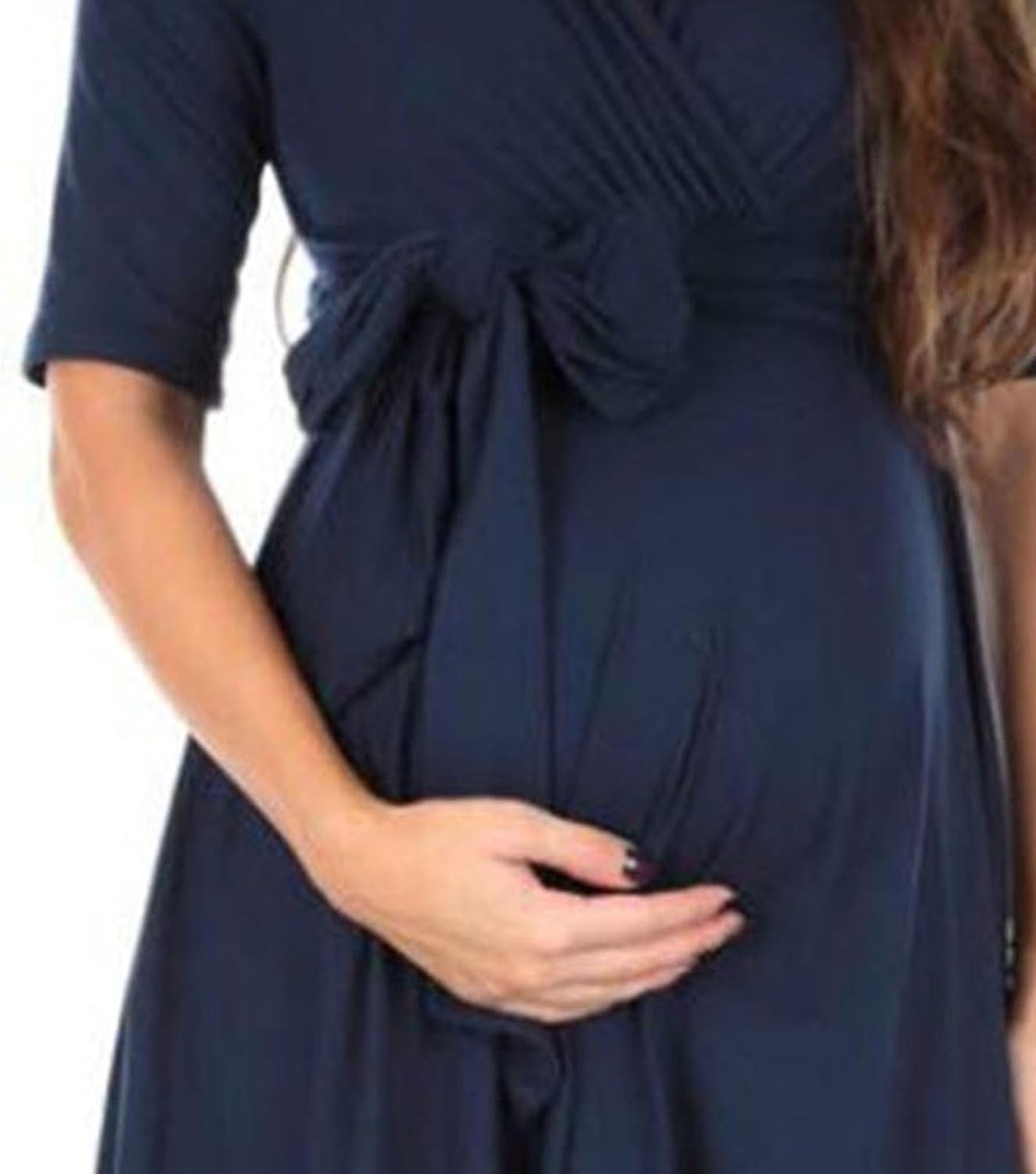 Women's Maternity Smocked Midi Dress Casual V Neck Maternity Swing Dress Pregnancy Nursing Dress Knee Length with Belt