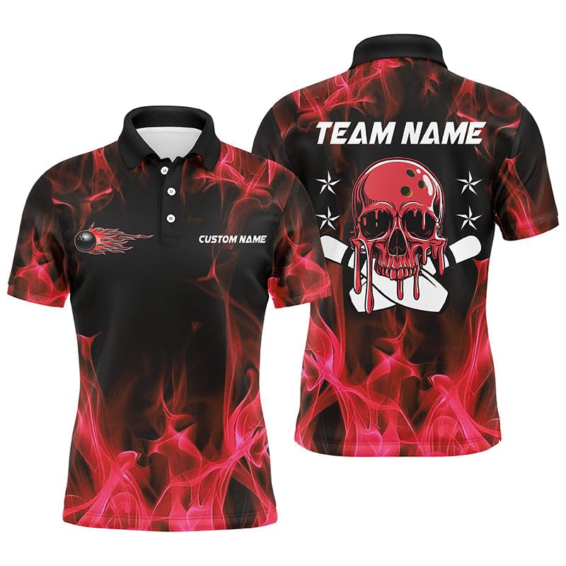 Personalisiertes Bowling Team Shirts mit Rotem Flammen-Totenkopf, Bowling Polo/Viertelreißverschluss Shirts für Männer & Frauen I6180