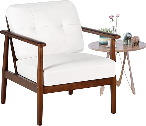 AILEEKISS Silla decorativa moderna de mediados de siglo, sillones de cuero de madera retro, sillas tapizadas con cojín para sala de estar,