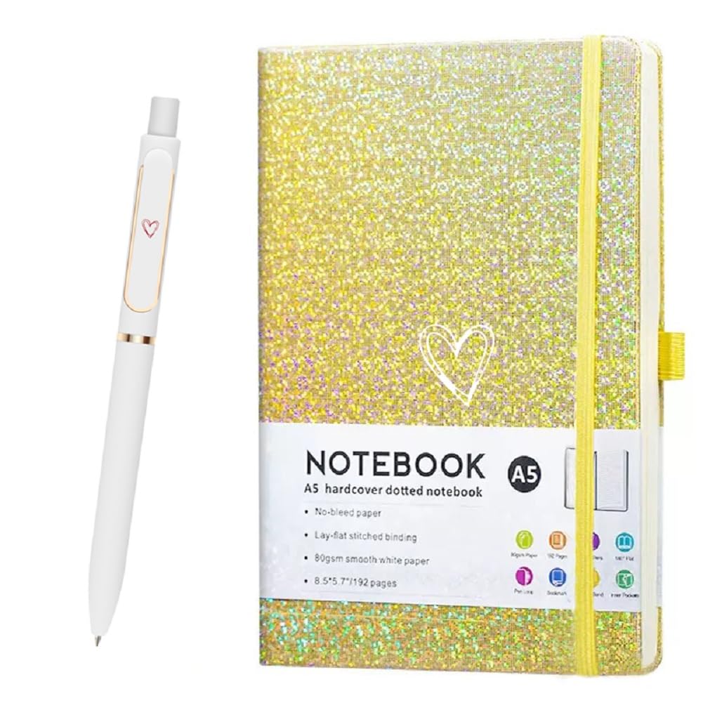ZTUOK Glitter Laser A5 Notebook with Pen, Lined Journal A5 Notepad for Girls Women,Cute Bling Diary with Heart-Shaped College Ruled Hardcover Notebook for Work School, Note Taking, Business (Yellow)