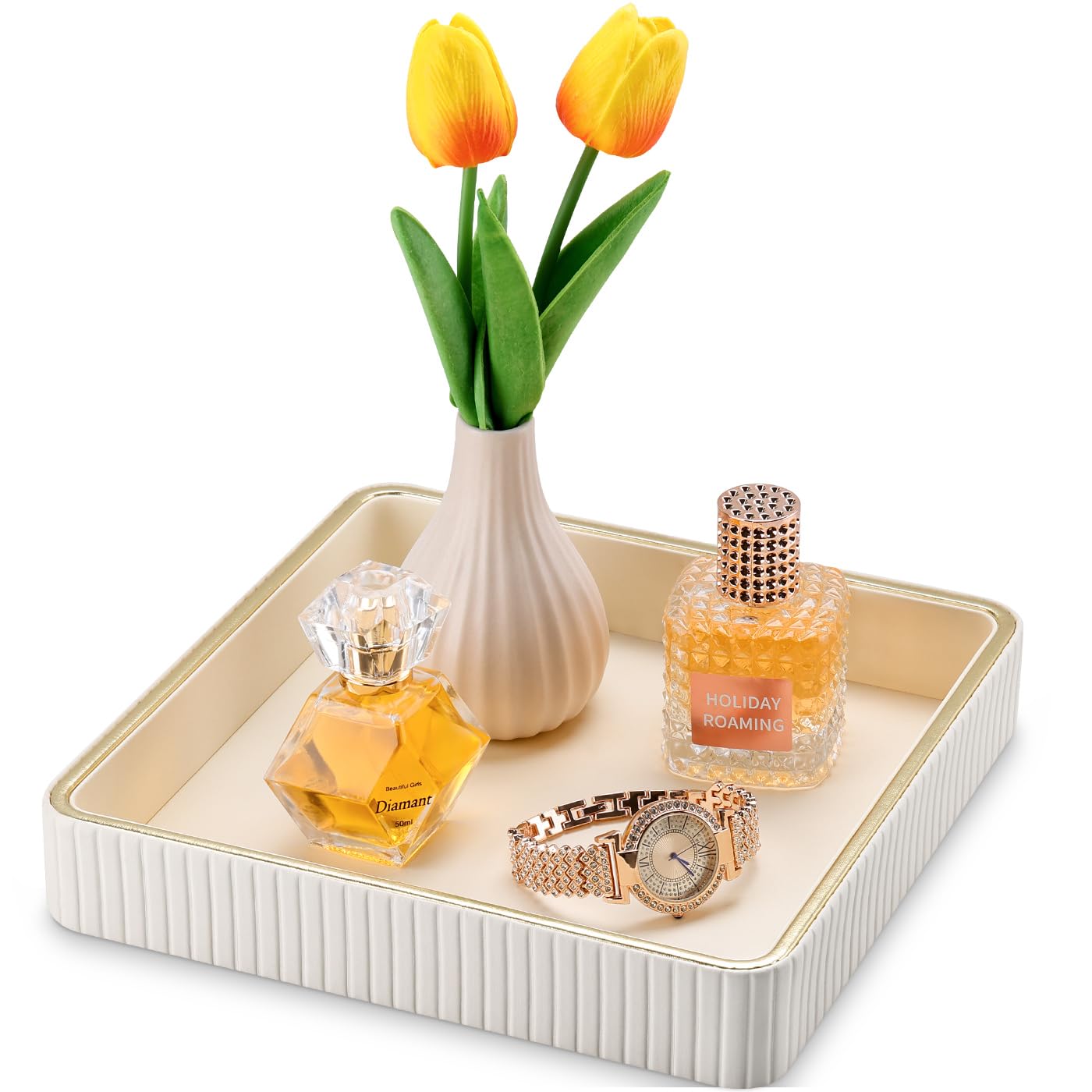 GORESE Plateau Vide Poche,Boîte a Bijoux en Cuir Plateau Decoratif pour Femmes Plateaux de Chevet Boîte de Rangement pour Clés,Montres,Parfums,Bijoux,Argent,Lunettes,Beauté,Boutons de Manchette(Blanc)